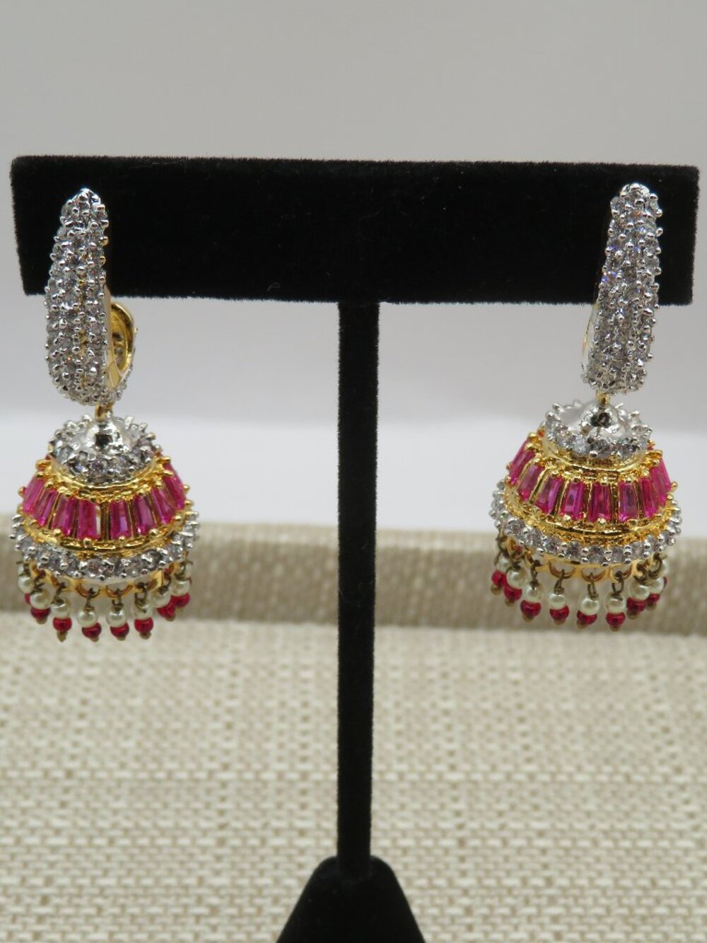 Indian Jhumka CZ Ruby Faux Pearl Accent Gold Tone Earrings